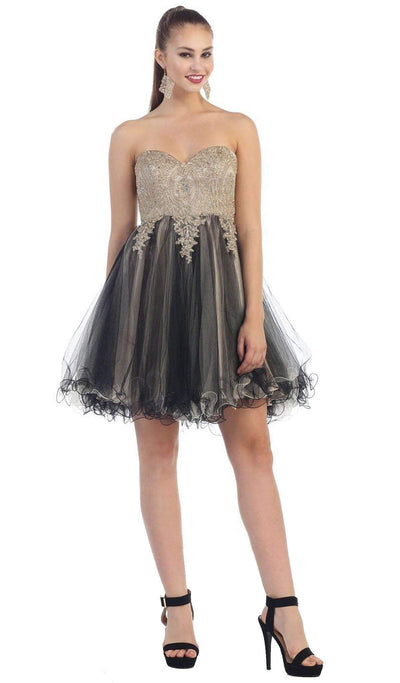 May Queen - MQ-1286 Strapless Appliqued Cocktail Dress Special Occasion Dress 2 / Black/Nude