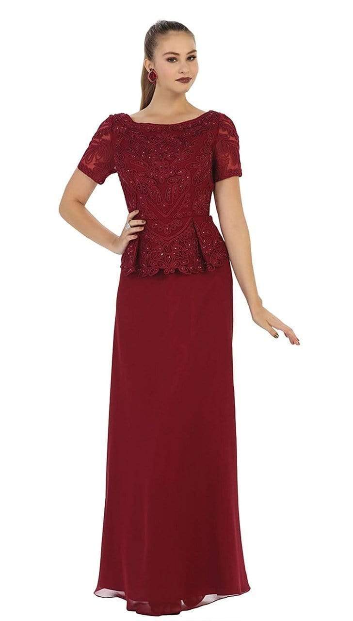 May Queen - MQ-1427 Short Sleeve Embroidered Bateau Neck A-line Evening Dress Mother of the Bride Dresses M / Burgundy