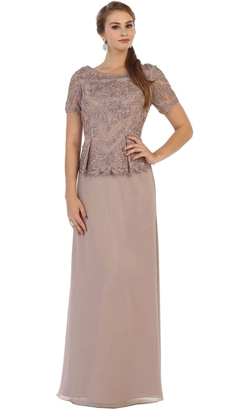 May Queen - MQ-1427 Short Sleeve Embroidered Bateau Neck A-line Evening Dress Special Occasion Dress M / Mocha