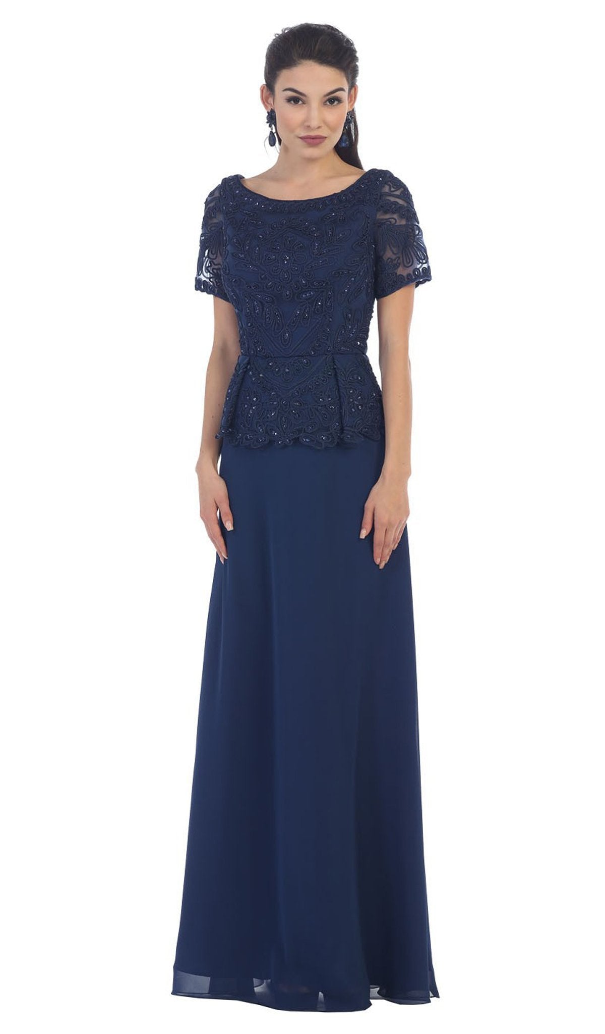 May Queen - MQ-1427 Short Sleeve Embroidered Bateau Neck A-line Evening Dress Special Occasion Dress M / Navy