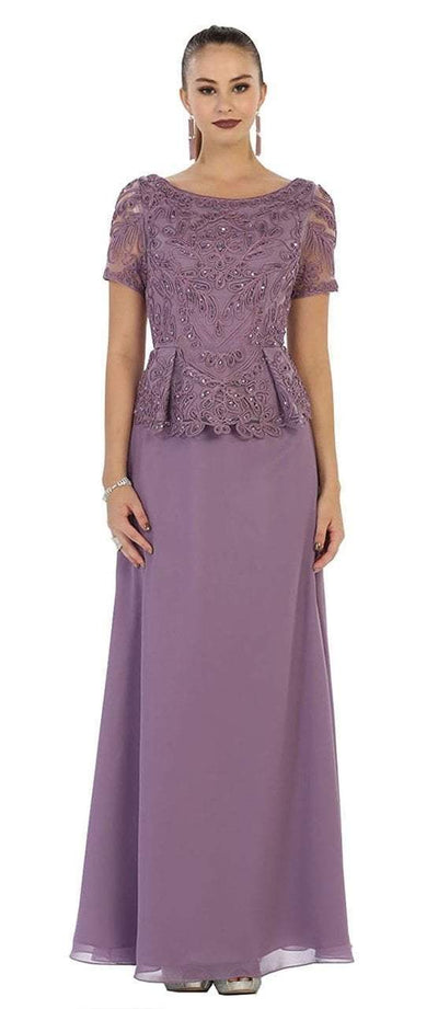 May Queen - MQ-1427 Short Sleeve Embroidered Bateau Neck A-line Evening Dress Mother of the Bride Dresses M / Victorian Lilac