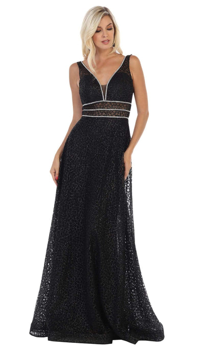 May Queen - MQ-1623 Sleeveless V-Neck Glitter Tulle A-Line Gown Special Occasion Dress 2 / Black