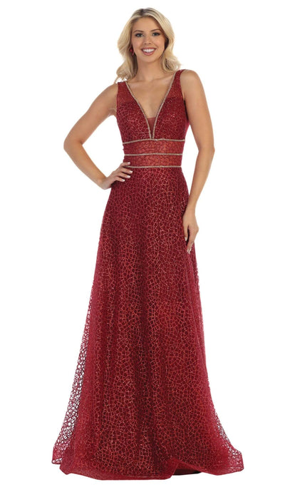 May Queen - MQ-1623 Sleeveless V-Neck Glitter Tulle A-Line Gown Special Occasion Dress 2 / Burgundy