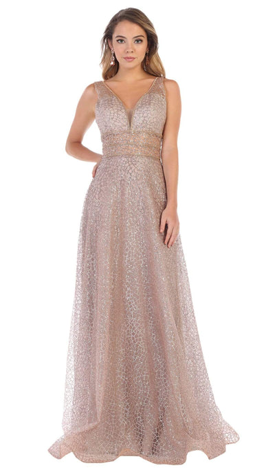 May Queen - MQ-1623 Sleeveless V-Neck Glitter Tulle A-Line Gown Special Occasion Dress 2 / Copper