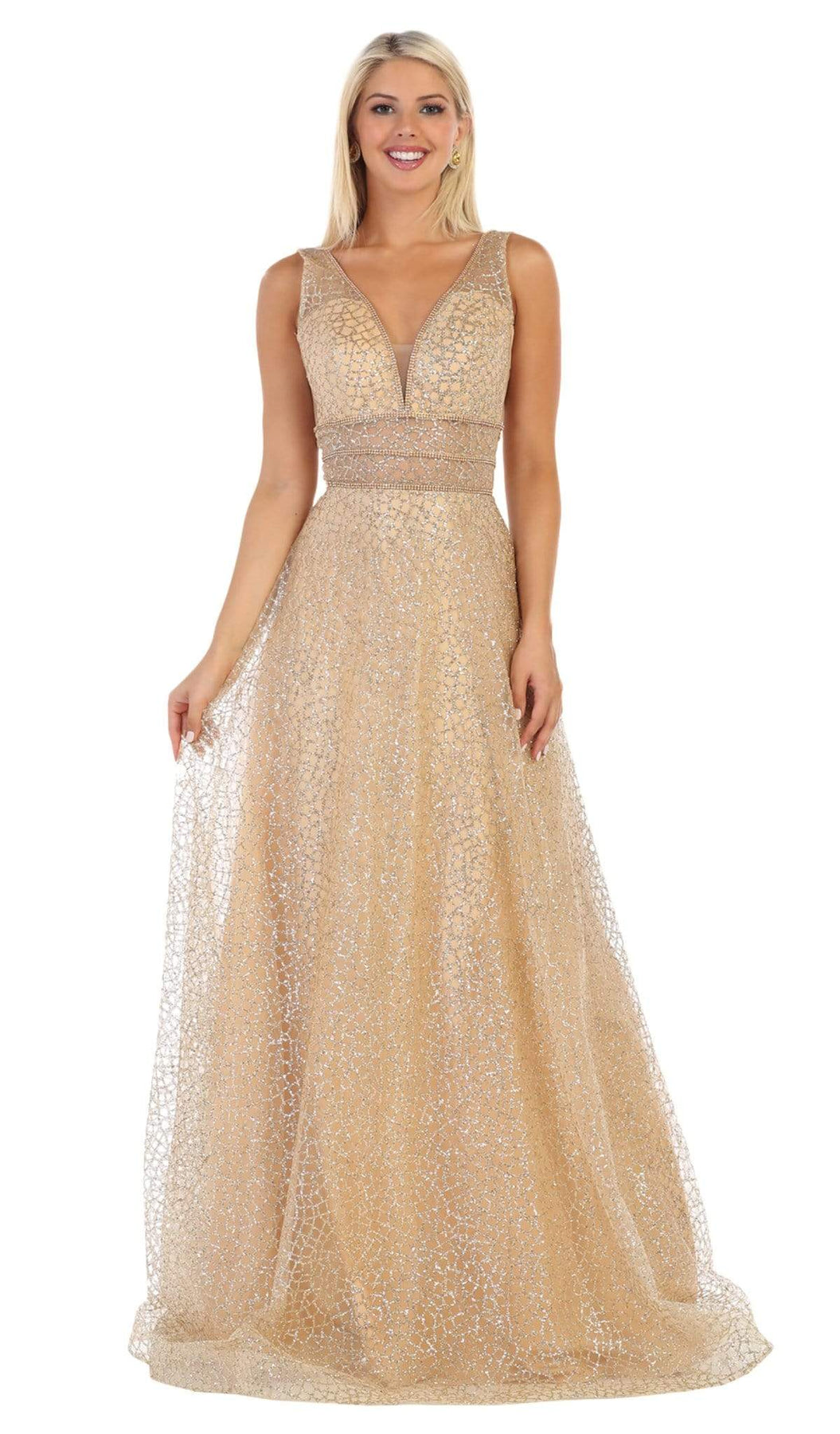 May Queen - MQ-1623 Sleeveless V-Neck Glitter Tulle A-Line Gown Special Occasion Dress 2 / Gold