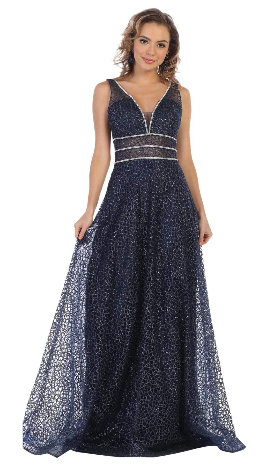 May Queen - MQ-1623 Sleeveless V-Neck Glitter Tulle A-Line Gown Special Occasion Dress 2 / Navy