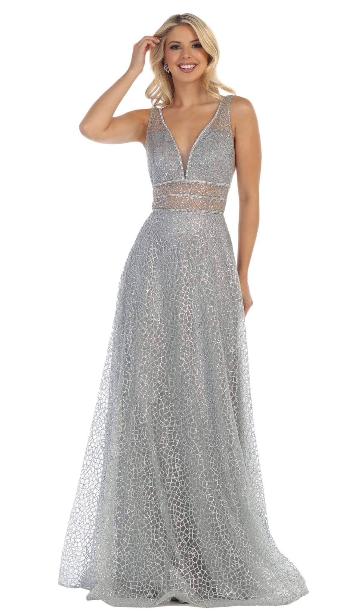 May Queen - MQ-1623 Sleeveless V-Neck Glitter Tulle A-Line Gown Special Occasion Dress 2 / Silver