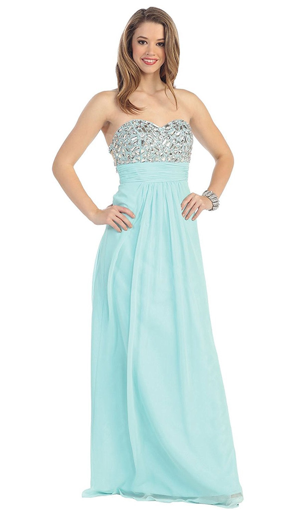 May Queen - MQ1026 Rhinestone-Encrusted Sweetheart Empire Chiffon Evening Dress Special Occasion Dress 4 / Aqua