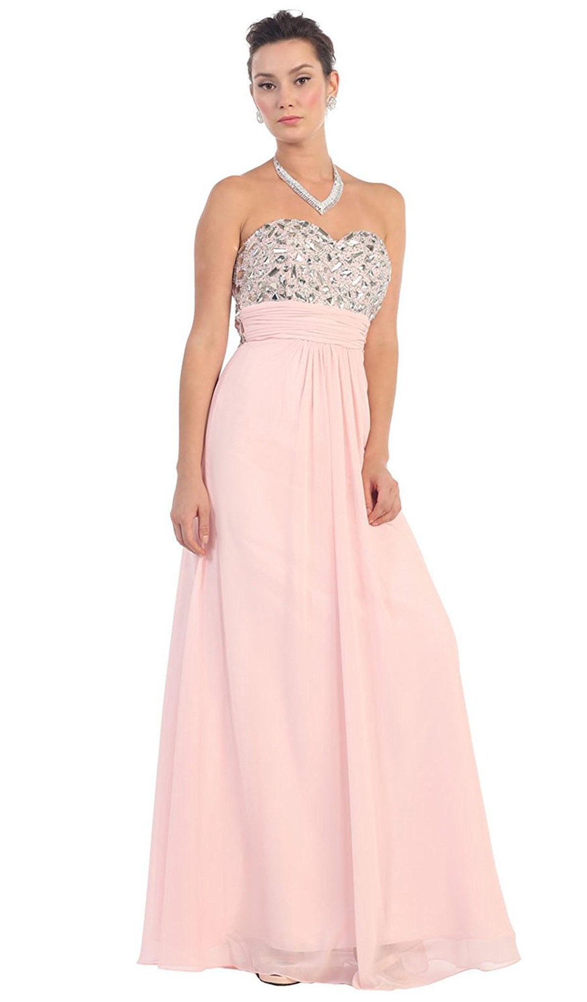 May Queen - MQ1026 Rhinestone-Encrusted Sweetheart Empire Chiffon Evening Dress Special Occasion Dress 4 / Blush