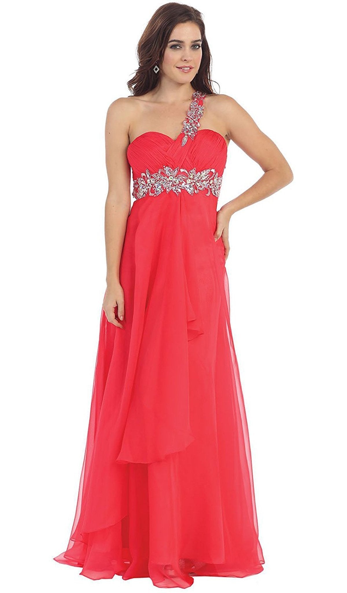 May Queen - MQ1028 Ornate Strap Ruched Sweetheart A-line Prom Dress Special Occasion Dress 4 / Coral