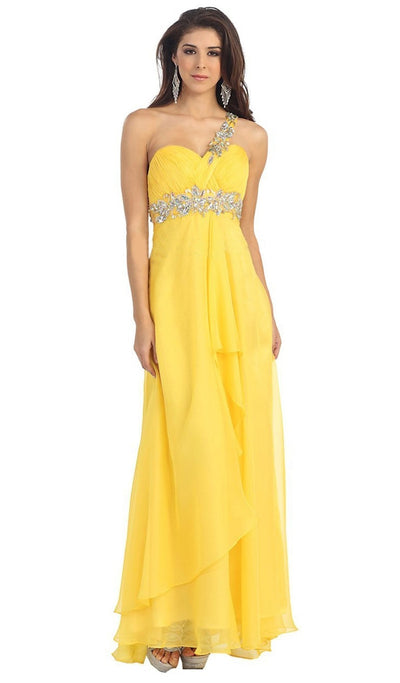 May Queen - MQ1028 Ornate Strap Ruched Sweetheart A-line Prom Dress Special Occasion Dress 4 / Yellow