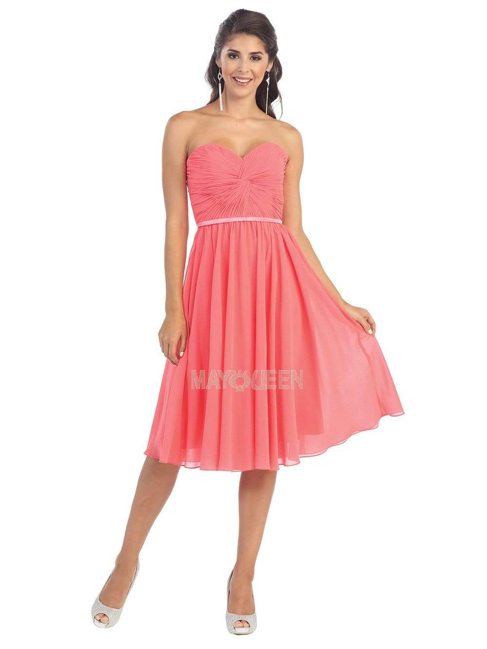 May Queen - MQ1161 Strapless Sweetheart Neckline Twisted Front Dress Wedding Guest 4 / Coral