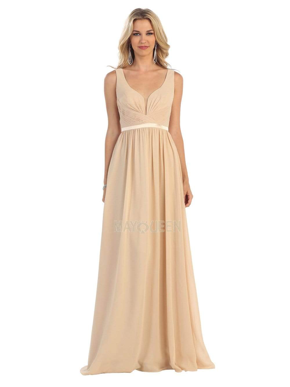 May Queen - MQ1225 Sleeveless Illusion Plunging A-Line Gown Bridesmaid Dresses 4 / Champagne