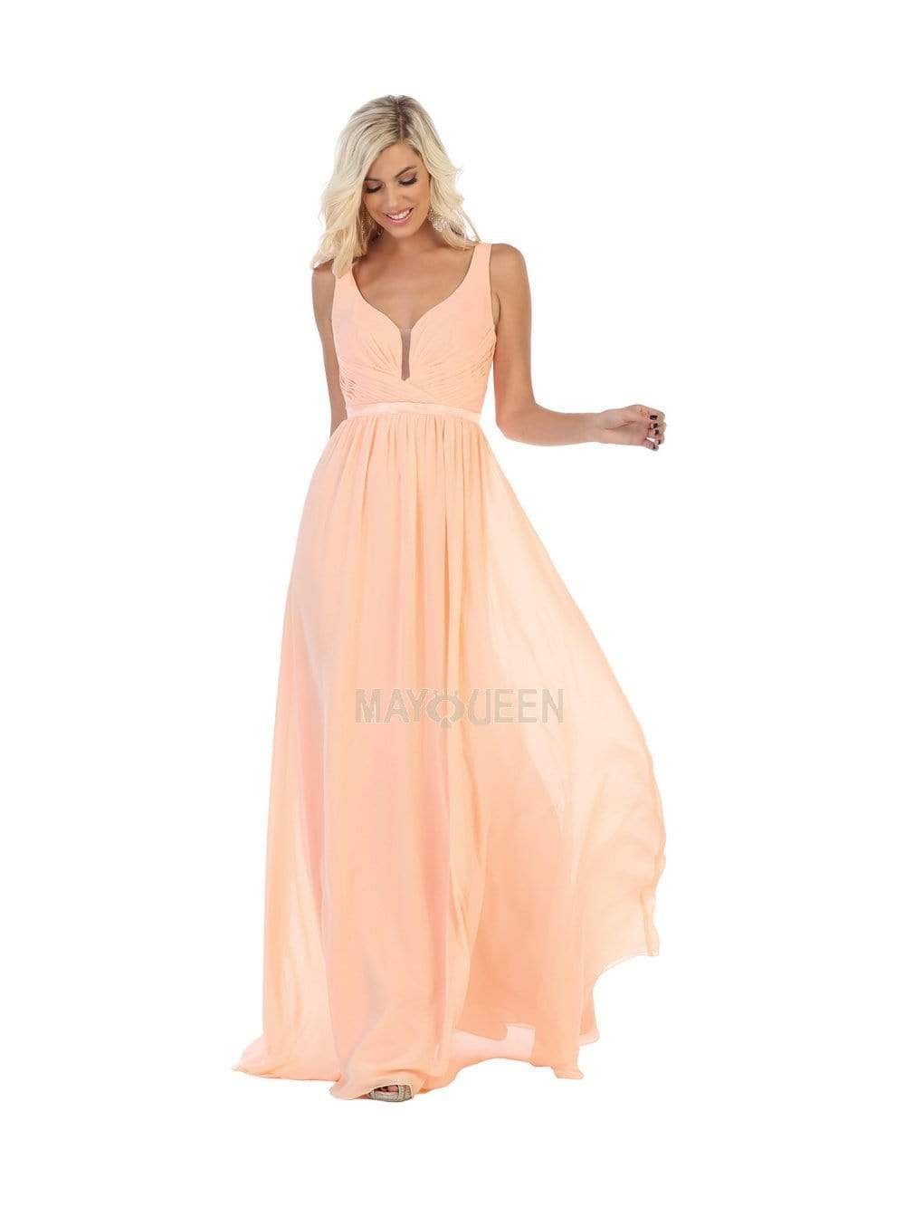 May Queen - MQ1225 Sleeveless Illusion Plunging A-Line Gown Bridesmaid Dresses 4 / Peach