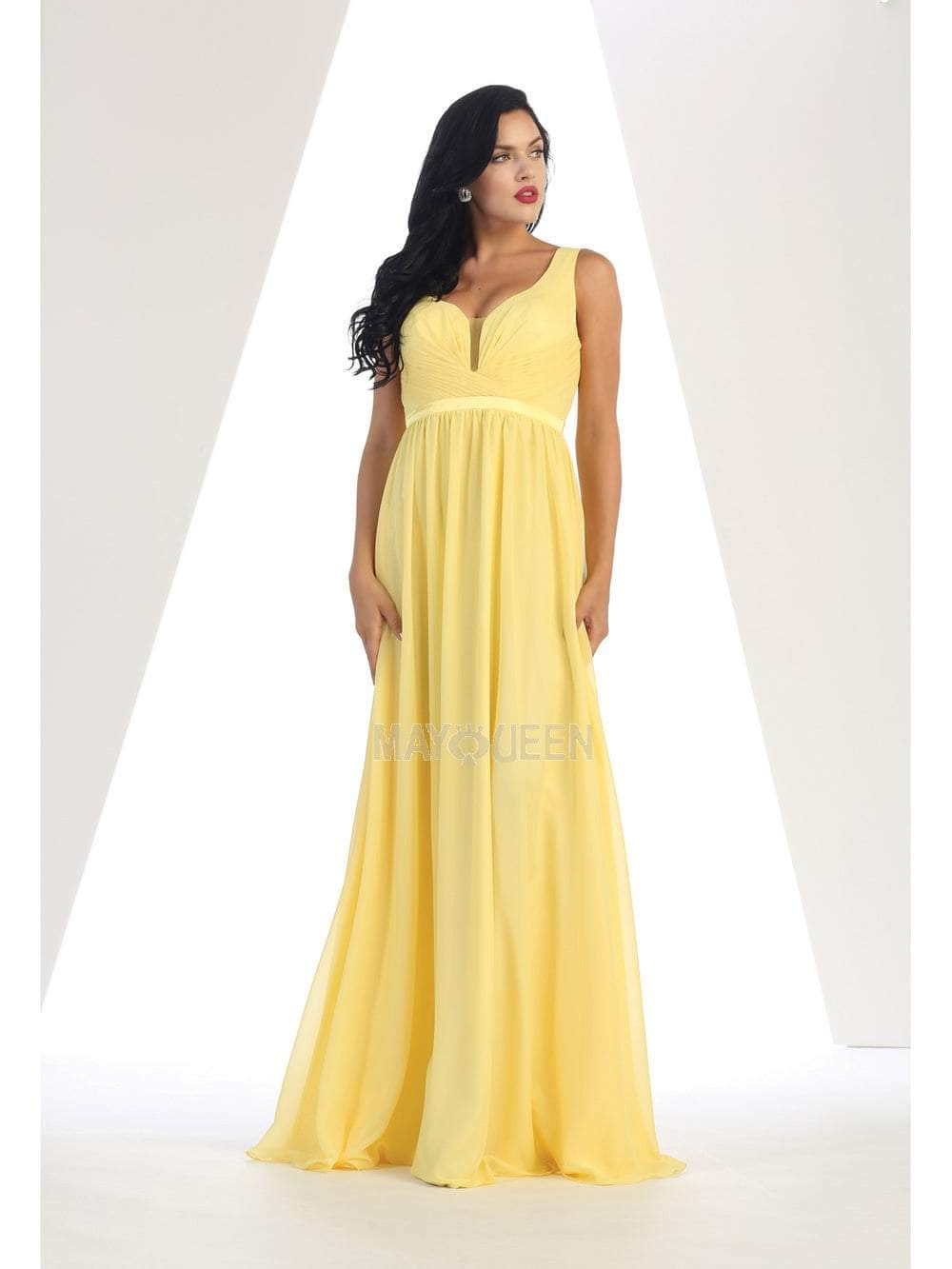 May Queen - MQ1225 Sleeveless Sheer Plunging A-Line Gown Bridesmaid Dresses 4 / Yellow