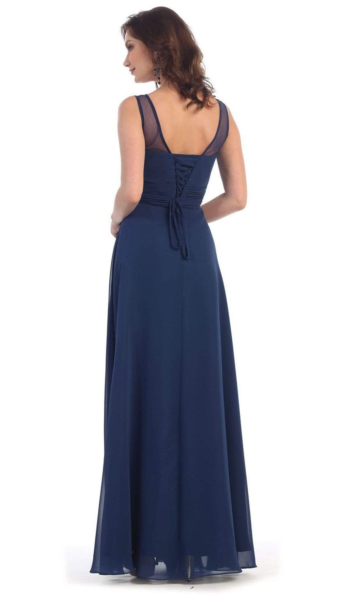 May Queen - MQ1266B Laced-Up Illusion Neck A-Line Prom Dress Bridesmaid Dresses 22 / Royal