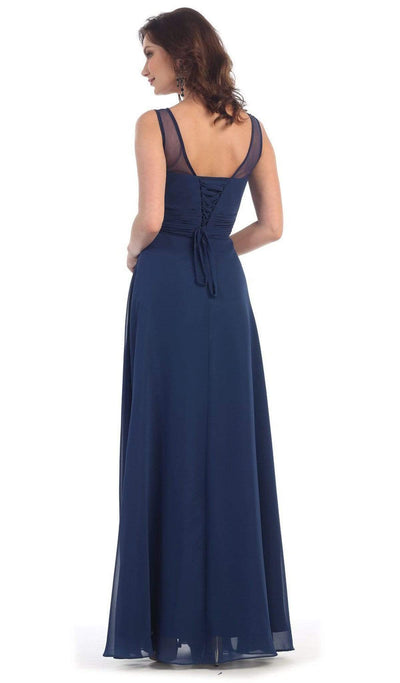 May Queen - MQ1266B Laced-Up Illusion Neck A-Line Prom Dress Bridesmaid Dresses 22 / Royal