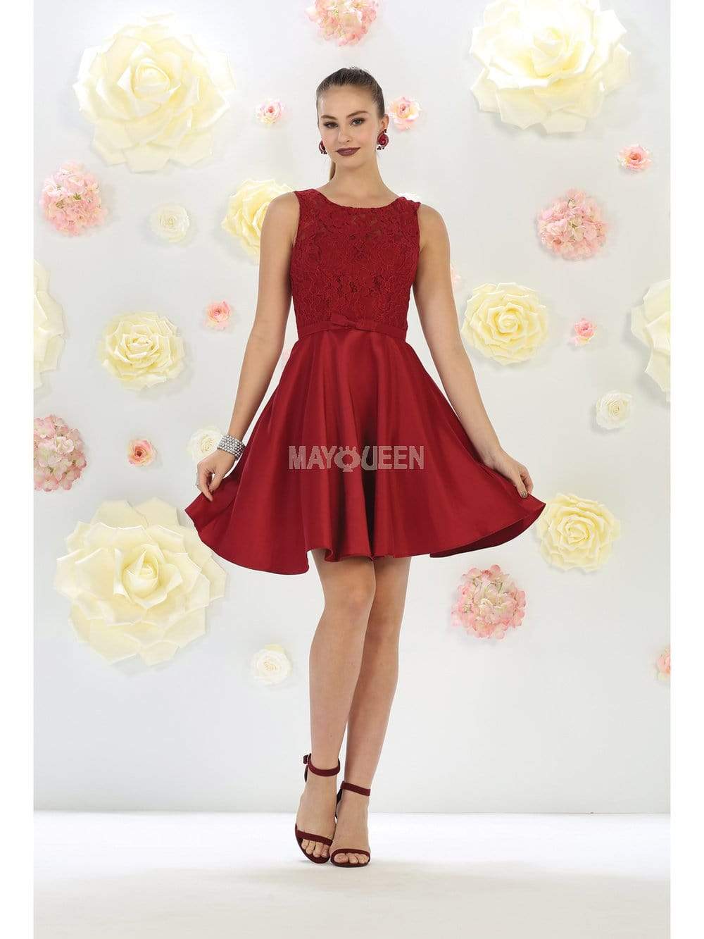 May Queen - MQ1268 Illusion Two Piece Lace and Tulle Cocktail Dress Homecoming Dresses 2 / Burgundy