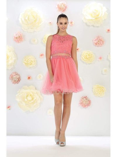 May Queen - MQ1268 Illusion Two Piece Lace and Tulle Cocktail Dress Homecoming Dresses 2 / Coral