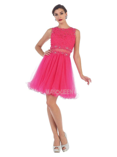 May Queen - MQ1268 Illusion Two Piece Lace and Tulle Cocktail Dress Homecoming Dresses 2 / Fuchsia