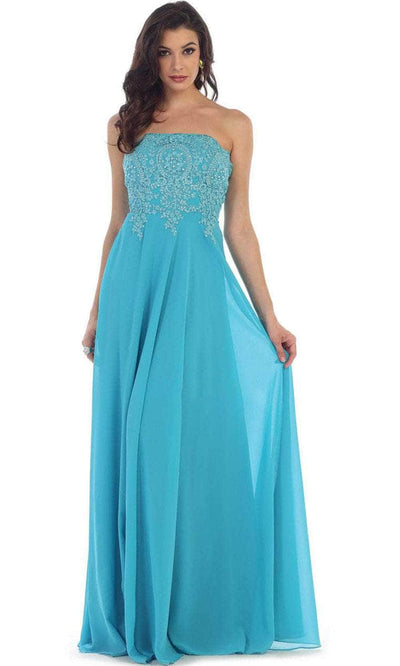 May Queen - MQ1277B Delicate Lace Strapless Corset Prom Gown Special Occasion Dress 22 / Aqua