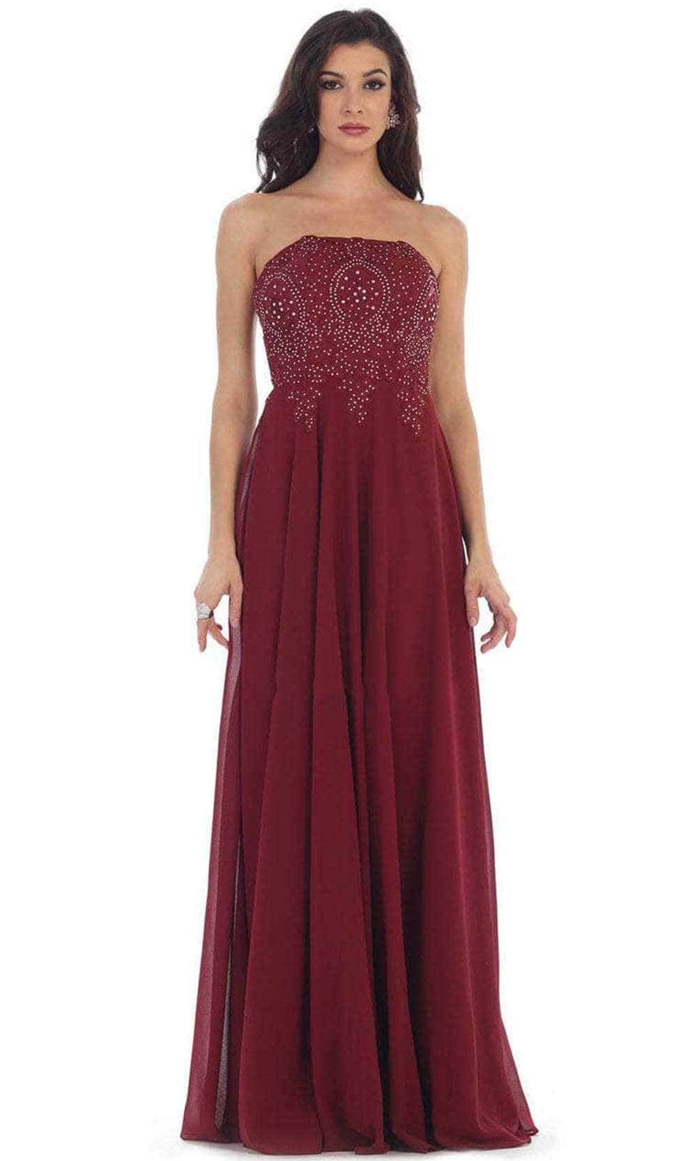 May Queen - MQ1277B Delicate Lace Strapless Corset Prom Gown Special Occasion Dress 22 / Burgundy