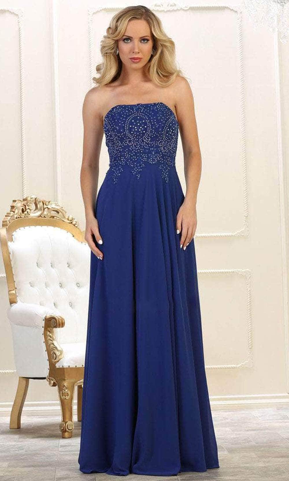 May Queen - MQ1277B Delicate Lace Strapless Corset Prom Gown Special Occasion Dress 22 / Navy
