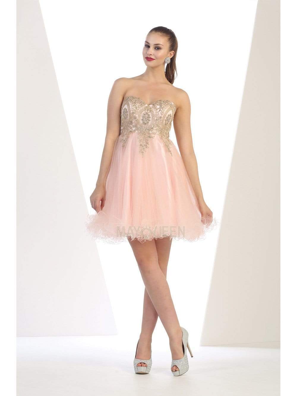 May Queen - MQ1414 Lace Appliqued Strapless Sweetheart Cocktail Dress Homecoming Dresses 2 / Blush