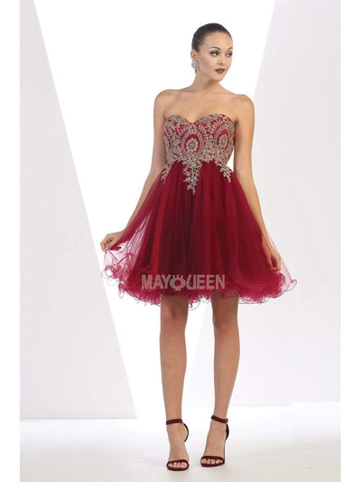 May Queen - MQ1414 Lace Appliqued Strapless Sweetheart Cocktail Dress Homecoming Dresses 2 / Burgundy