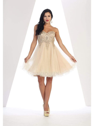 May Queen - MQ1414 Lace Appliqued Strapless Sweetheart Cocktail Dress Homecoming Dresses 2 / Champagne
