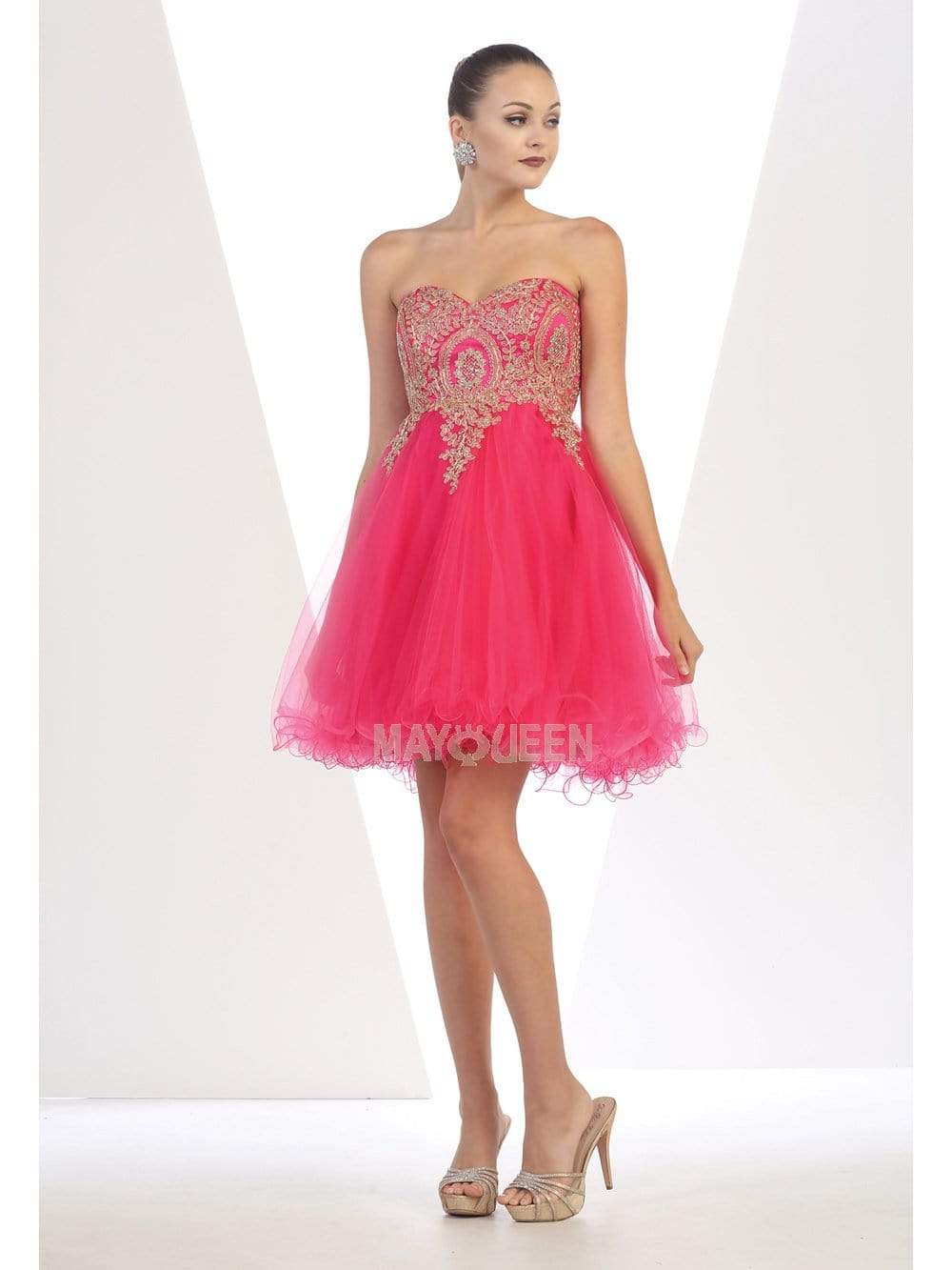 May Queen - MQ1414 Lace Appliqued Strapless Sweetheart Cocktail Dress Homecoming Dresses 2 / Fuchsia