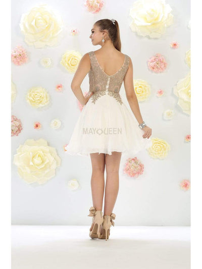May Queen - MQ1417 Gold Embroidered V-neck A-line Dress Homecoming Dresses