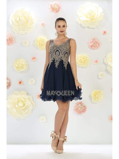 May Queen - MQ1417 Gold Embroidered V-neck A-line Dress Homecoming Dresses 4 / Navy