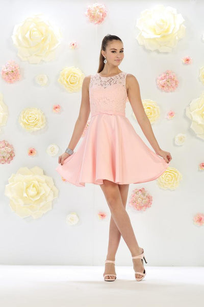 May Queen - MQ1422 Sleeveless Lace Top Floral Waist Bow Cocktail Dress Homecoming Dresses 2 / Blush