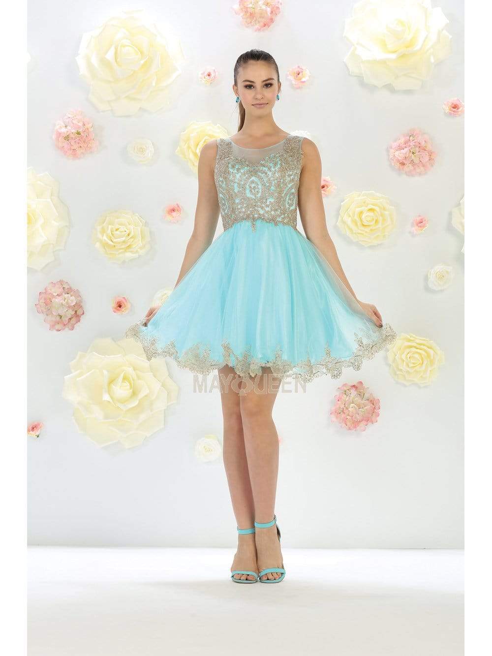 May Queen - MQ1434 Illusion Neckline Lace Applique Cocktail Dress Homecoming Dresses 2 / Aqua