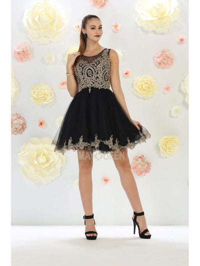 May Queen - MQ1434 Illusion Neckline Lace Applique Cocktail Dress Homecoming Dresses 2 / Black