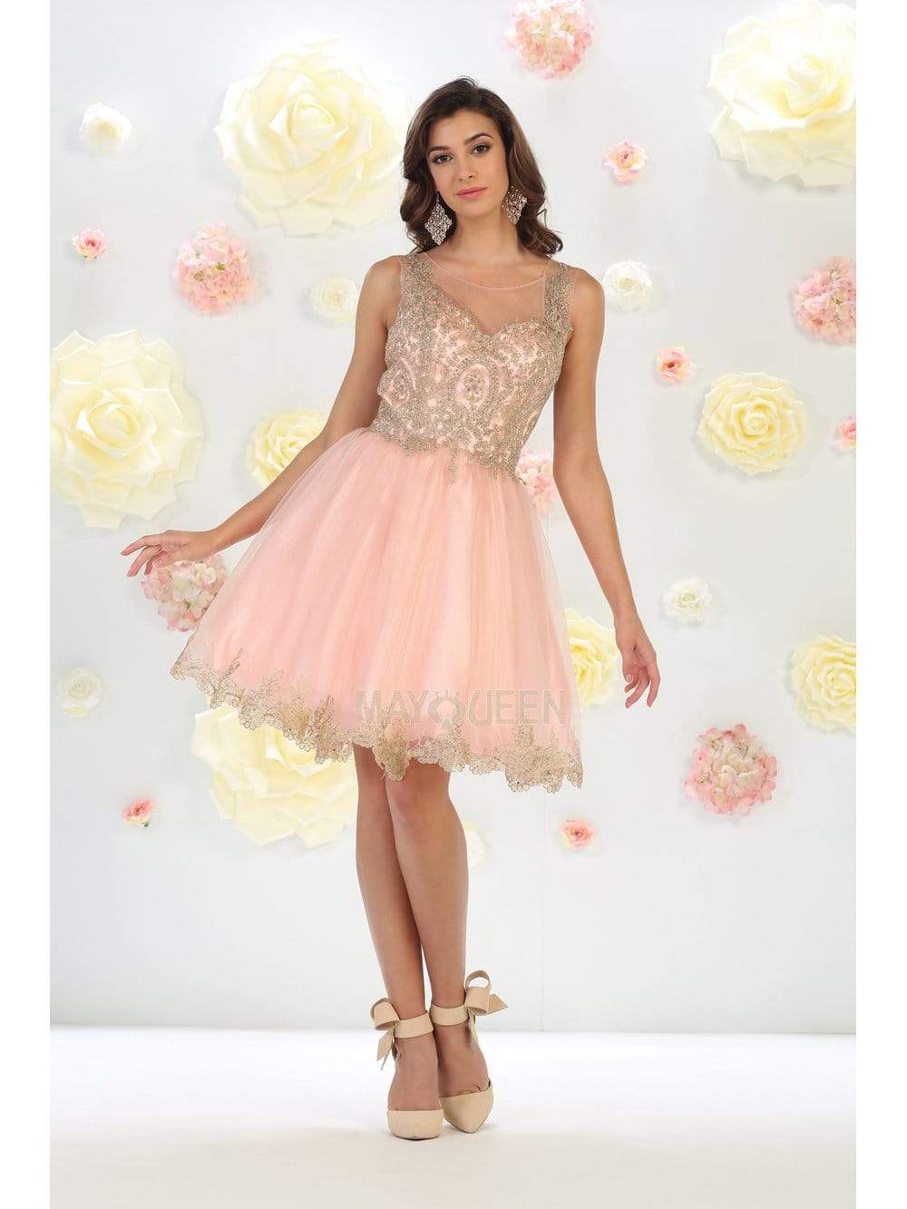 May Queen - MQ1434 Illusion Neckline Lace Applique Cocktail Dress Homecoming Dresses 2 / Blush