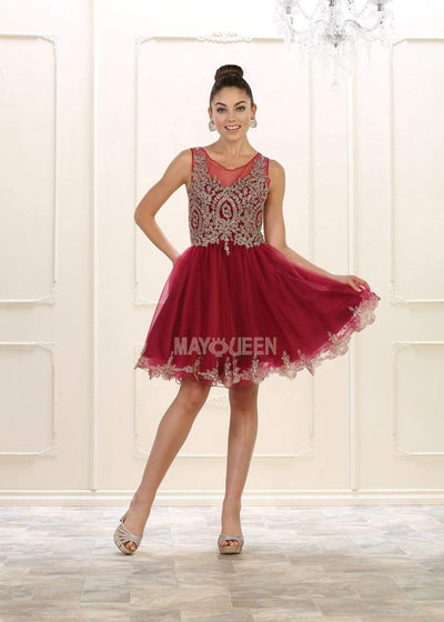 May Queen - MQ1434 Illusion Neckline Lace Applique Cocktail Dress Homecoming Dresses 2 / Burgundy