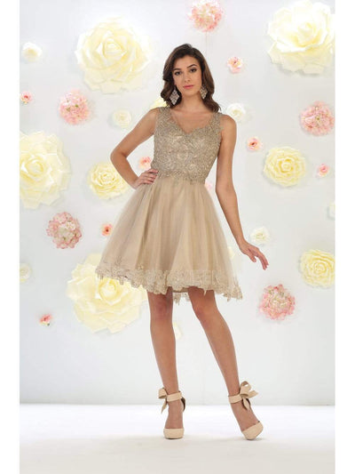 May Queen - MQ1434 Illusion Neckline Lace Applique Cocktail Dress Homecoming Dresses 2 / Champagne