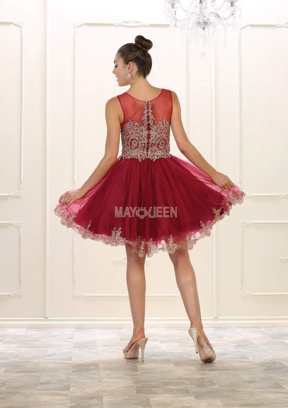 May Queen - MQ1434 Illusion Neckline Lace Applique Cocktail Dress Homecoming Dresses