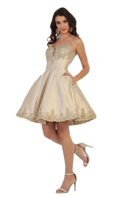 May Queen - MQ1445 Gilded Lace Applique Mikado Cocktail Dress Special Occasion Dress 4 / Champagne