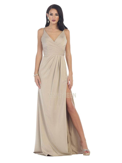 May Queen - MQ1469 Sleeveless V-Neck High Slit A-Line Dress Bridesmaid Dresses 4 / Taupe