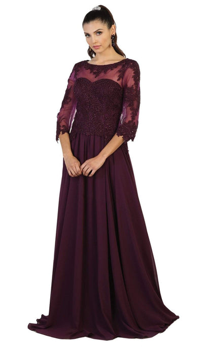 May Queen - MQ1484 Bedazzled Illusion Bateau Evening Dress Mother of the Bride Dresses M / Eggplant
