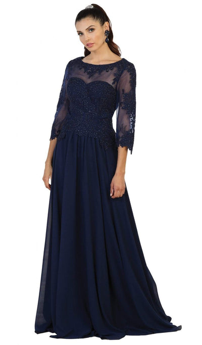 May Queen - MQ1484 Bedazzled Illusion Bateau Evening Dress Mother of the Bride Dresses M / Navy