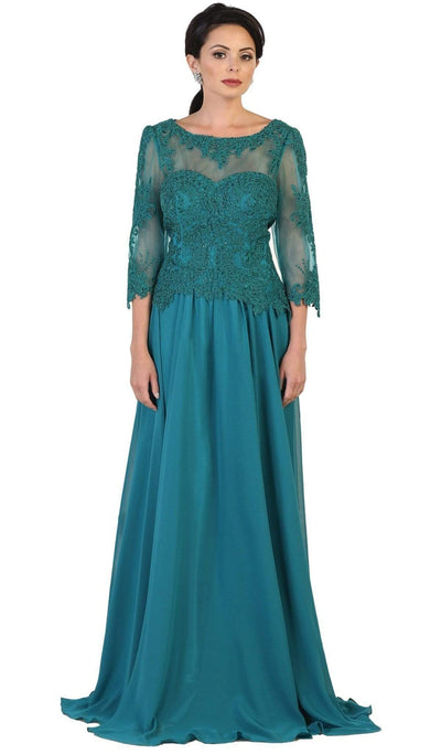 May Queen - MQ1484 Bedazzled Illusion Bateau Evening Dress Mother of the Bride Dresses M / Teal Green