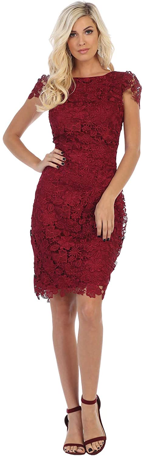 May Queen - MQ1488 Floral Lace Overlaid Sheath Mother of the Bride Dress Mother of the Bride Dresses M / Burgundy