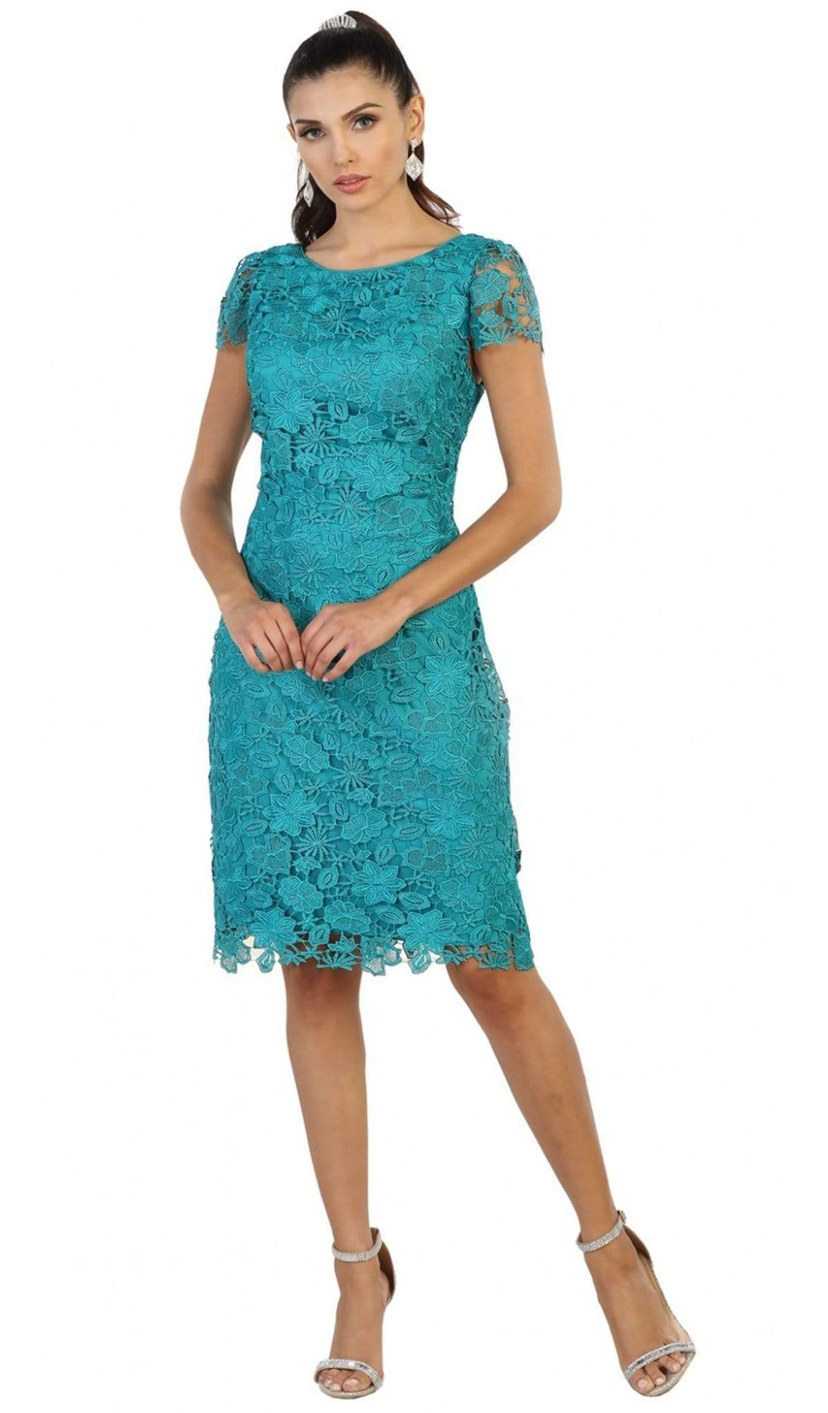May Queen - MQ1488 Floral Lace Overlaid Sheath Mother of the Bride Dress Mother of the Bride Dresses M / Jade