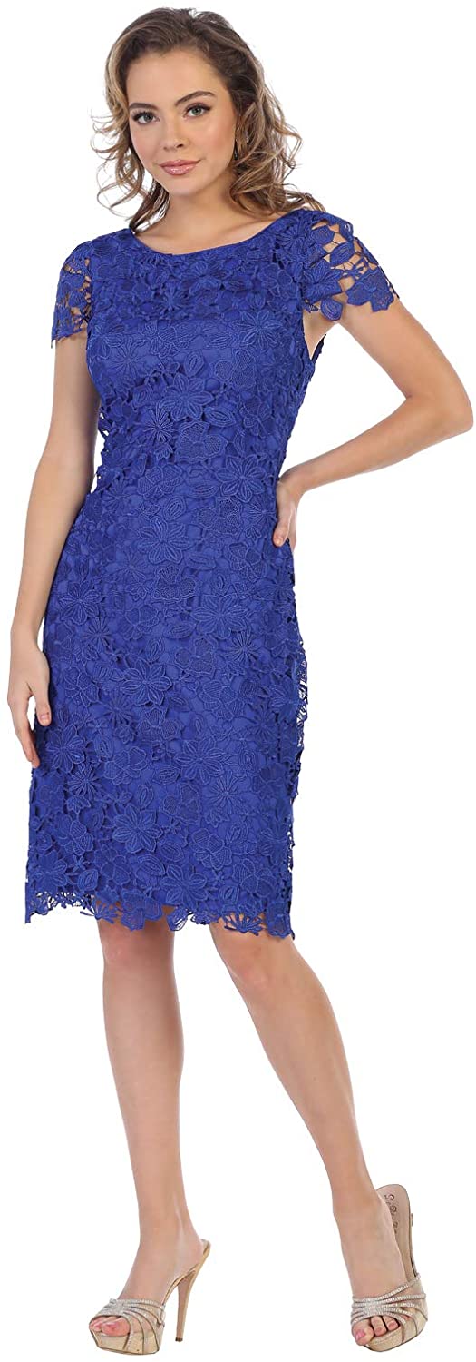 May Queen - MQ1488 Cap Sleeve Floral Embroidered Lace Sheath Dress