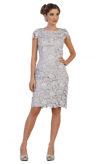 May Queen - MQ1488 Floral Lace Overlaid Sheath Mother of the Bride Dress Mother of the Bride Dresses M / Silver