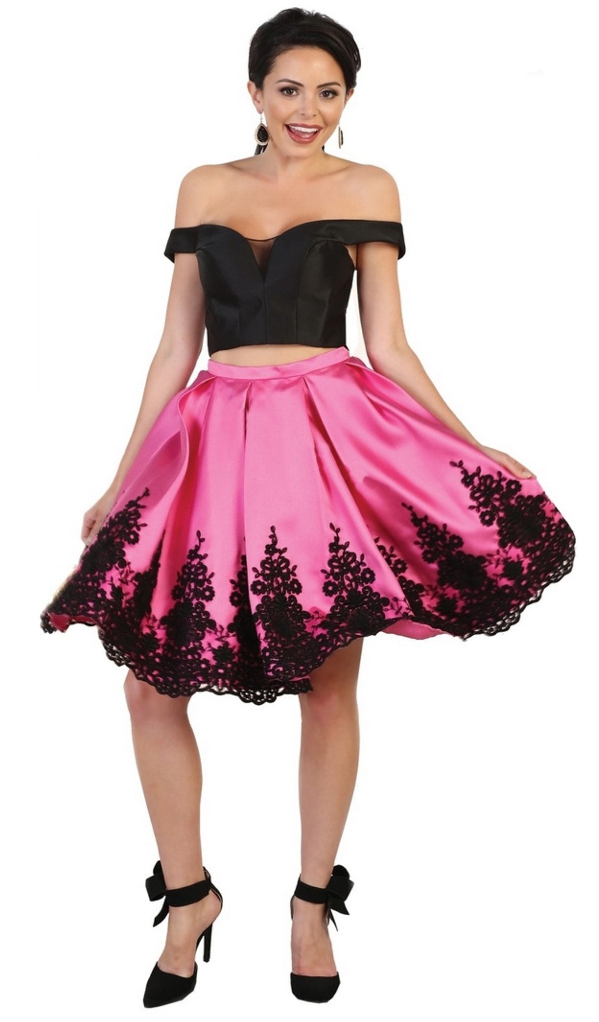 May Queen - MQ1504 Two Piece Off-Shoulder Cocktail Dress Special Occasion Dress 2 / Black/ Hot Pink